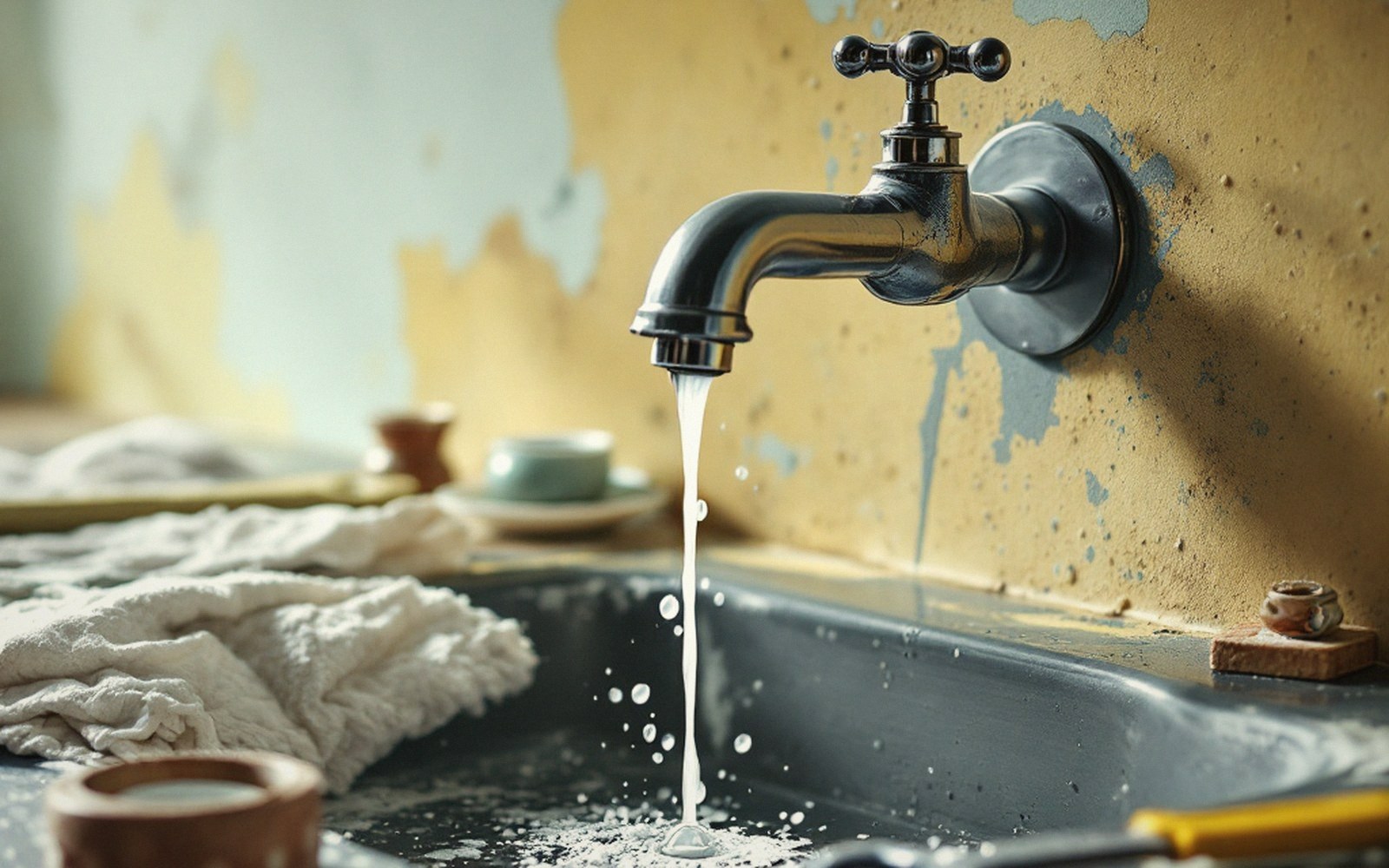 A dripping wall-mounted tap over a sink, against a peeling painted wall