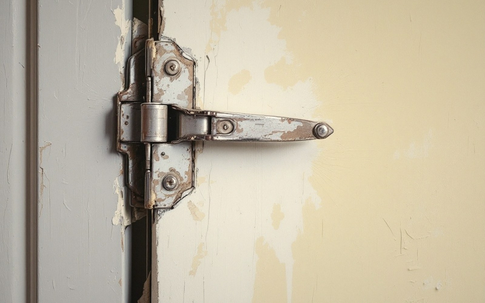 Rusty metal door hinge with peeling paint on a weathered cabinet surface