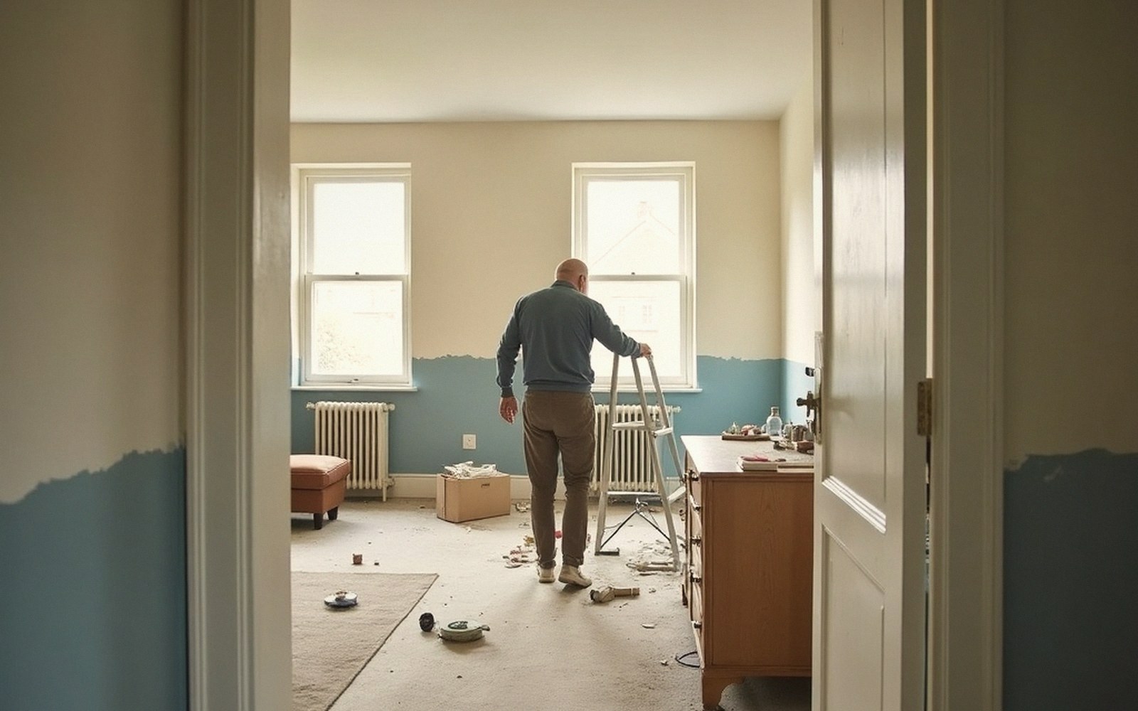 A person standing back in a half-painted room with a roller