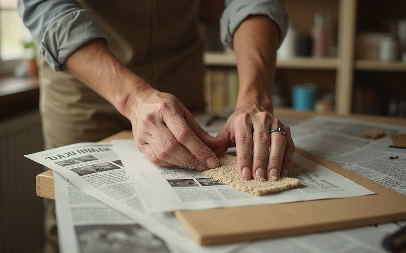 Hands sanding a chair frame on newspaper