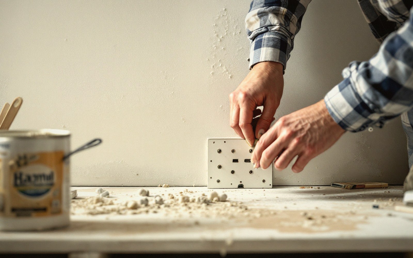 Hands fixing a shelf bracket to a wall