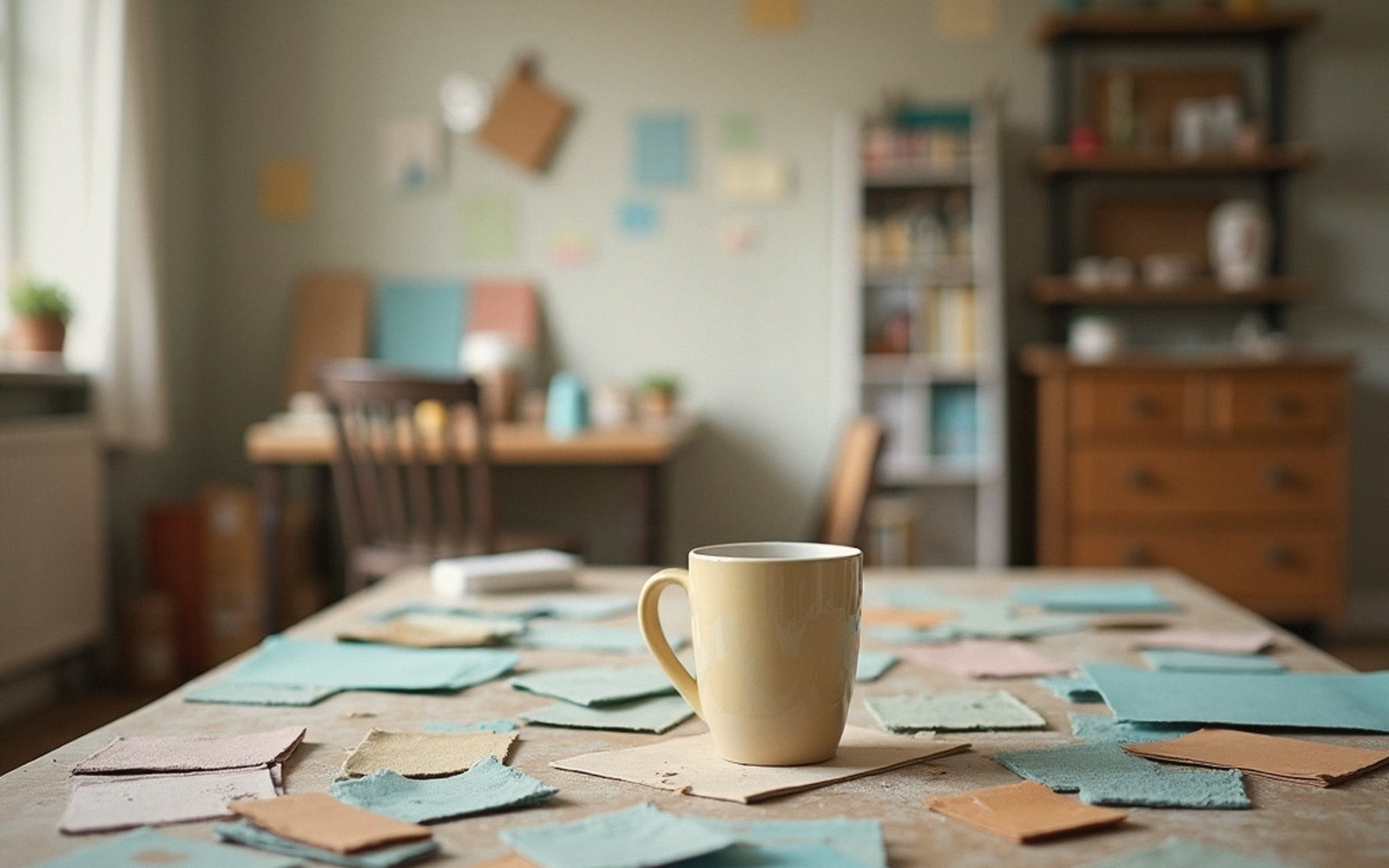 A kitchen table covered in swatches and a mug